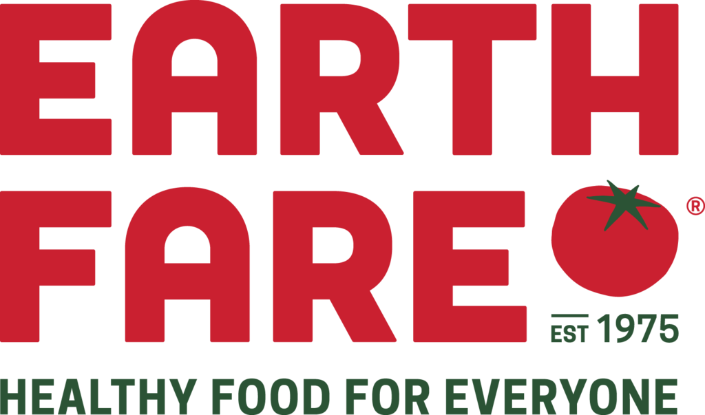 Earth Fare logo with red bold text and a tomato icon, tagline "Healthy Food for Everyone," established 1975.