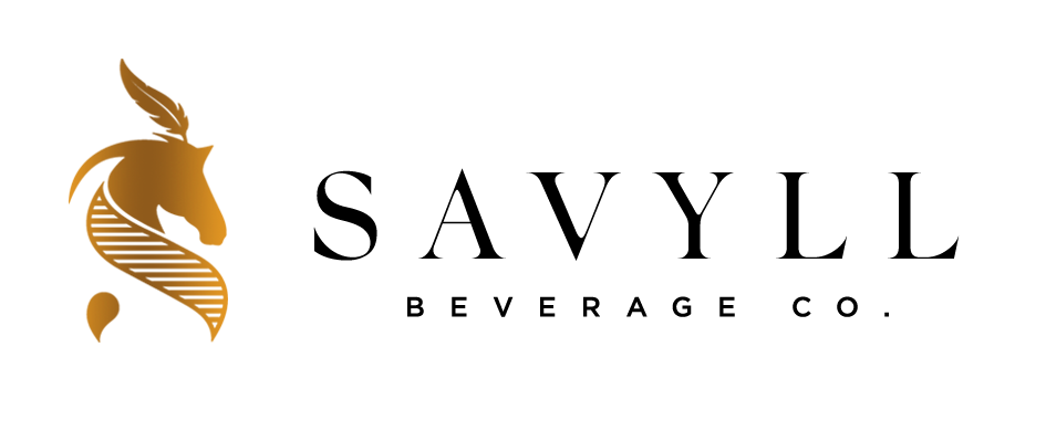 Logo with a copper-colored stylized horse head next to the text "Savyll Beverage Co." in black letters.