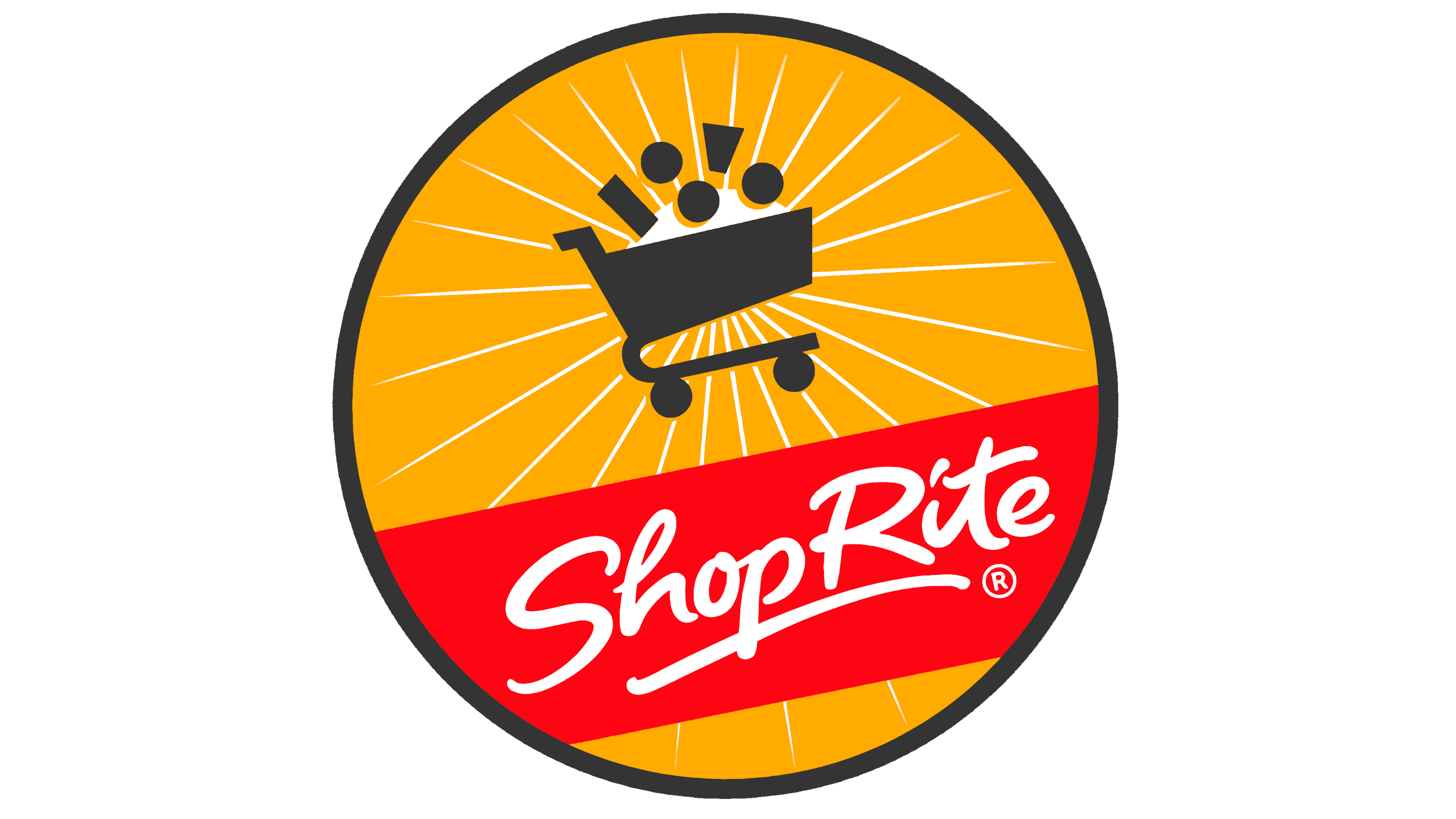 ShopRite logo with a shopping cart filled with groceries on an orange background and red banner with white text.