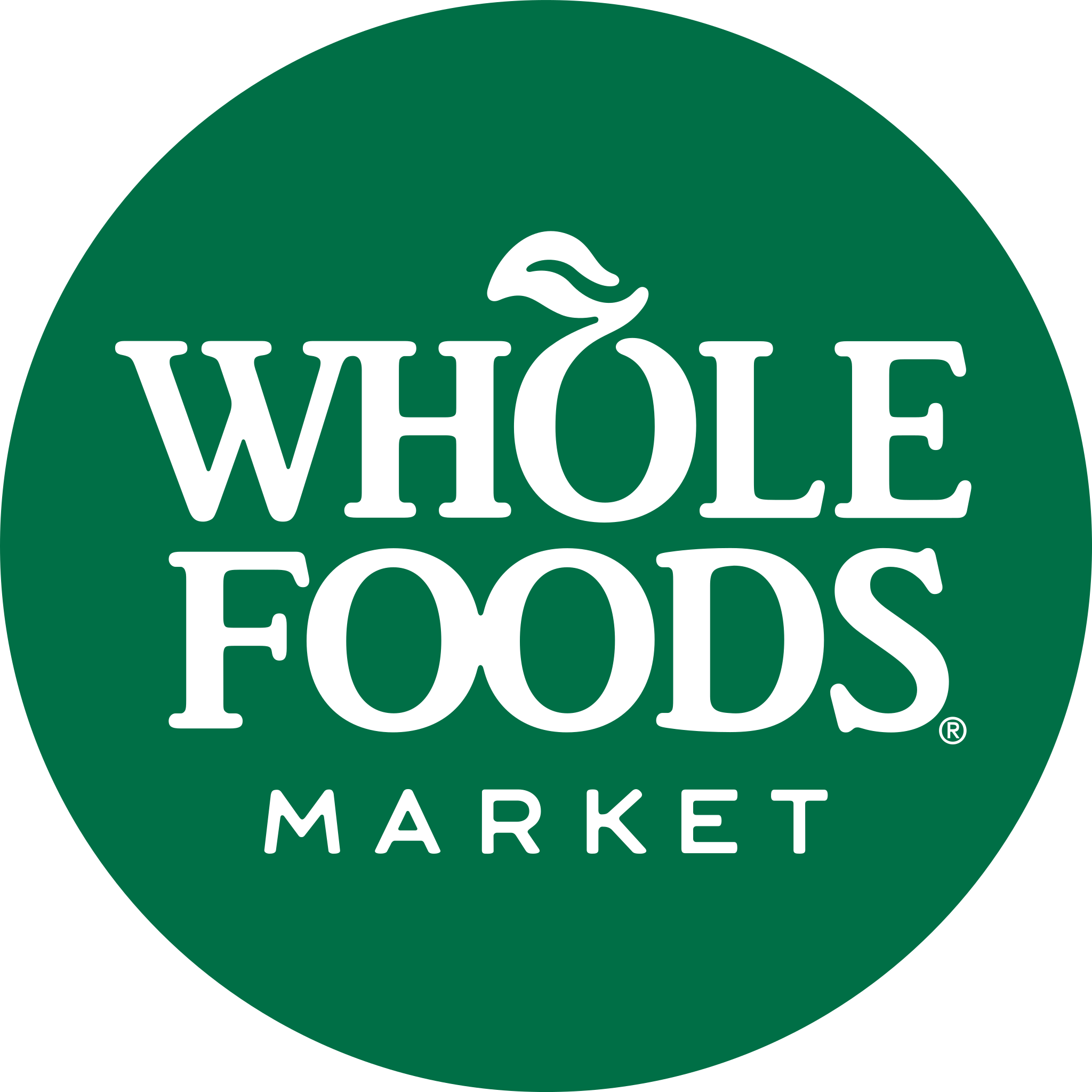 Whole Foods Market logo with black text and a leaf design on a dark green circular background.