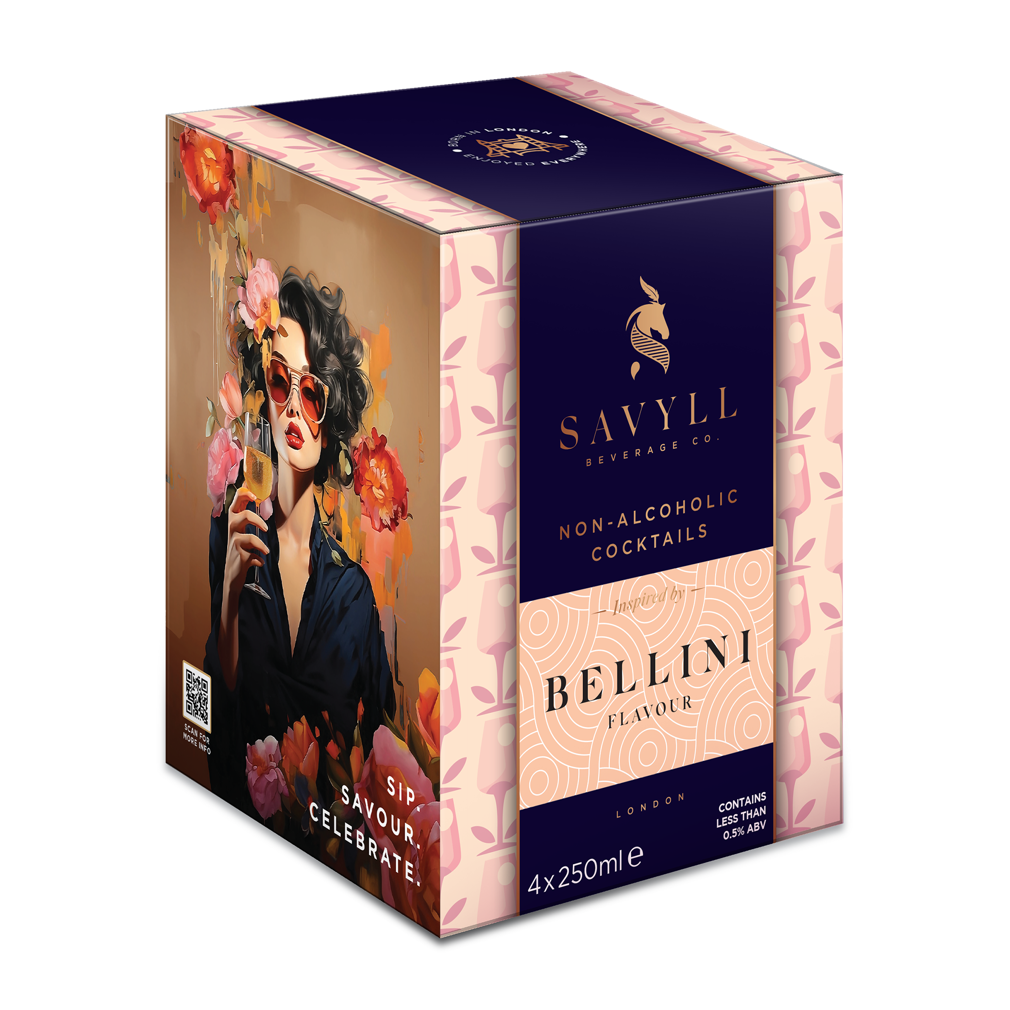 Box of Savyll non-alcoholic Bellini-flavored cocktails, 4 cans of 250ml, with artistic woman holding a glass on the side.
