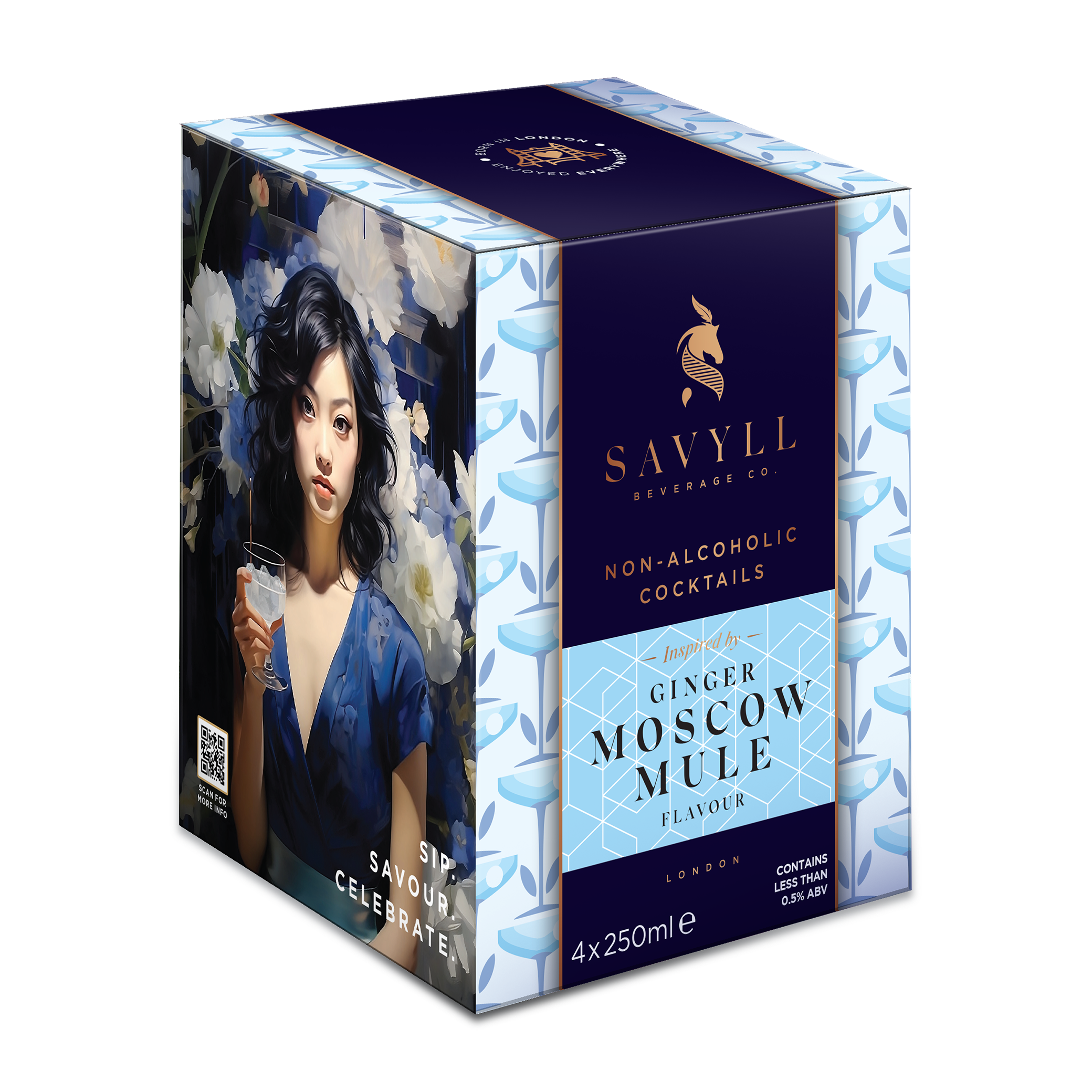 Box of Savyll non-alcoholic Ginger Moscow Mule cocktails, 4 cans of 250ml, with an artistic woman holding a drink on the side.
