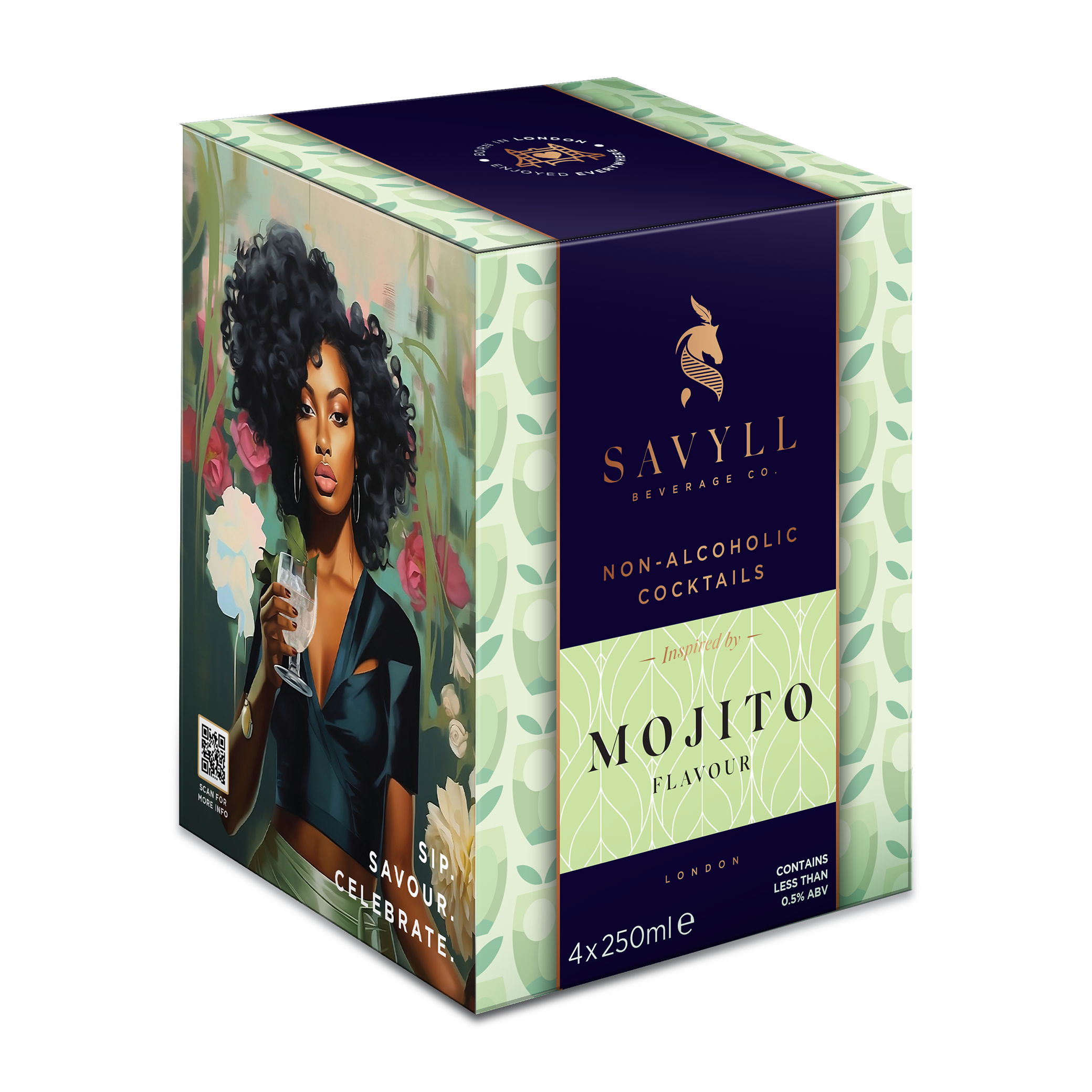 Box of Savyll non-alcoholic mojito-flavored cocktails, 4 cans of 250ml each, with artistic woman holding a drink on the side.