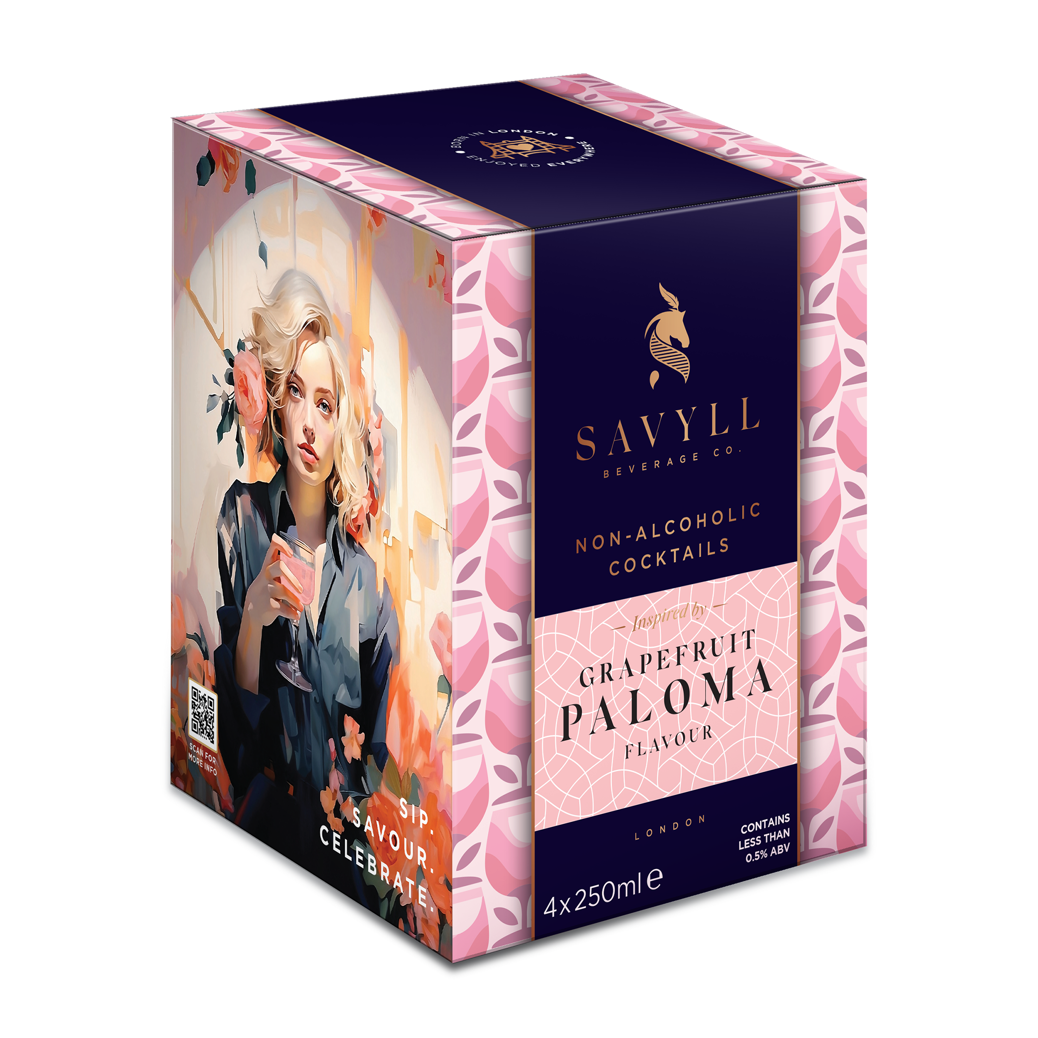 Pack of four 250ml cans of Savyll non-alcoholic grapefruit Paloma cocktails with pink floral design and woman holding a drink.