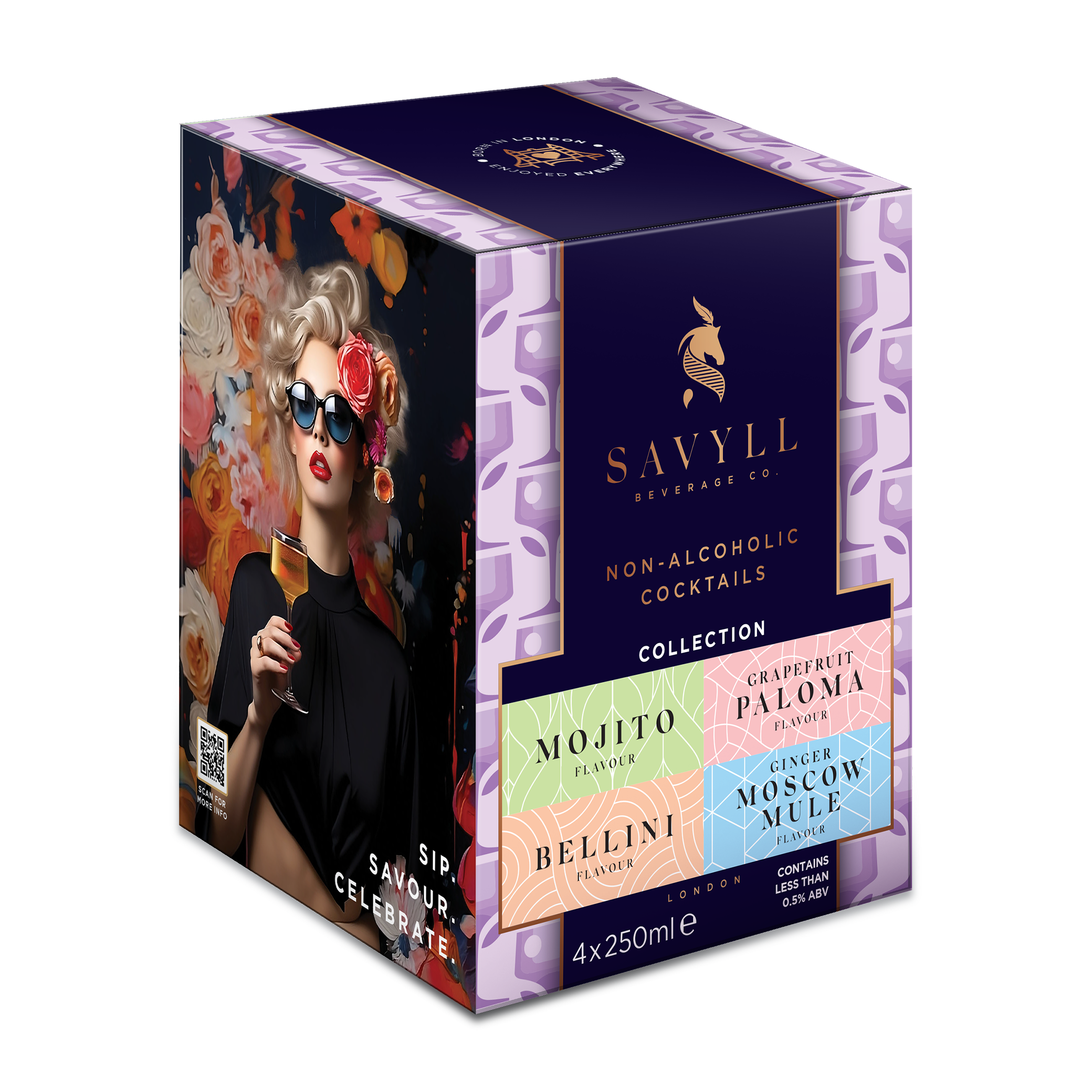 Box of Savyll non-alcoholic cocktails, includes Mojito, Bellini, Grapefruit Paloma, and Ginger Moscow Mule flavors, 4x250ml.