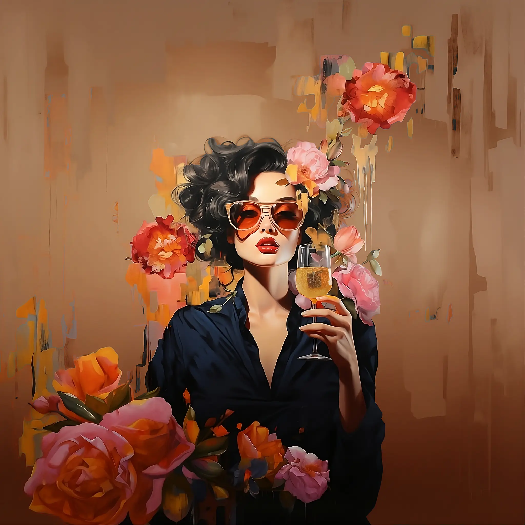 Stylized illustration of a woman with dark hair and sunglasses holding a glass of sparkling bellini surrounded by pink and orange flowers.