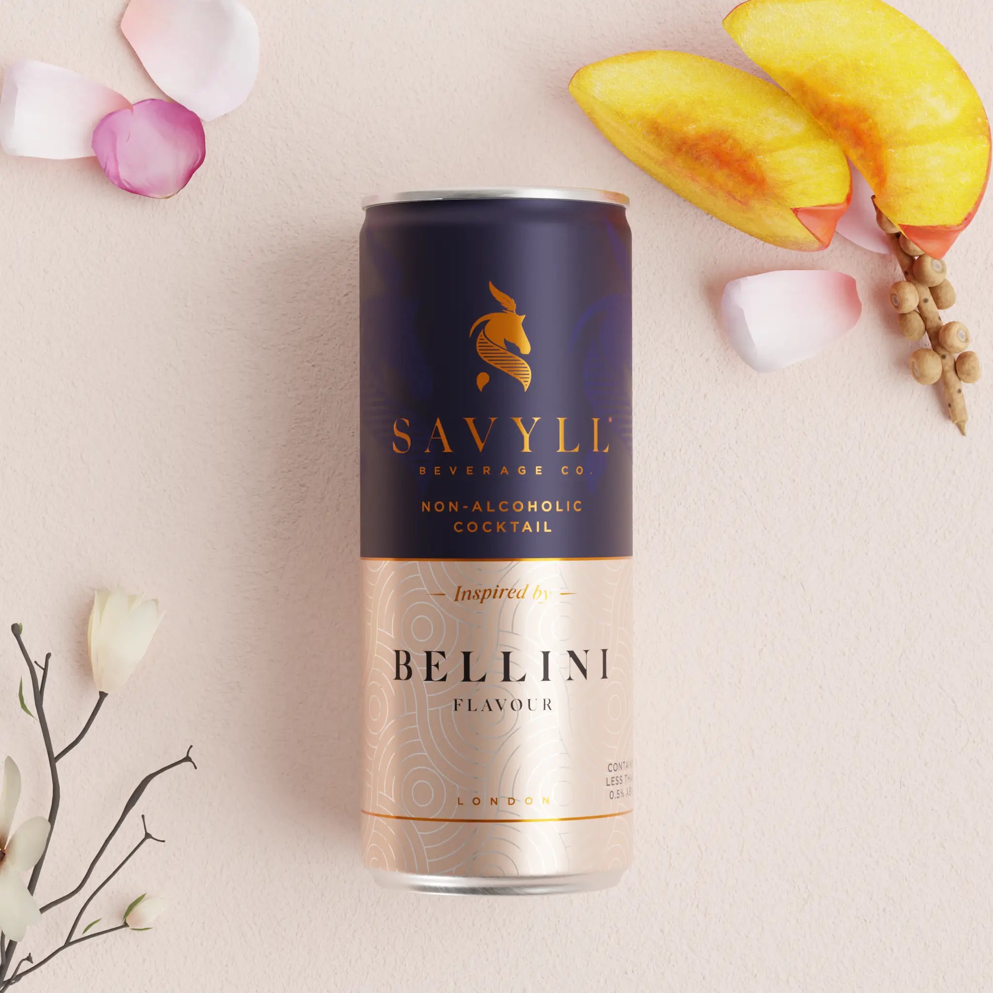 Can of Savyll non-alcoholic Bellini-flavored cocktail with peach slices and flower petals on a light background.