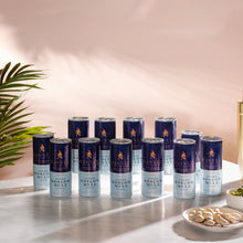 Twelve cans of Savyll alcohol-free Ginger Moscow Mule cocktail arranged on a marble surface.