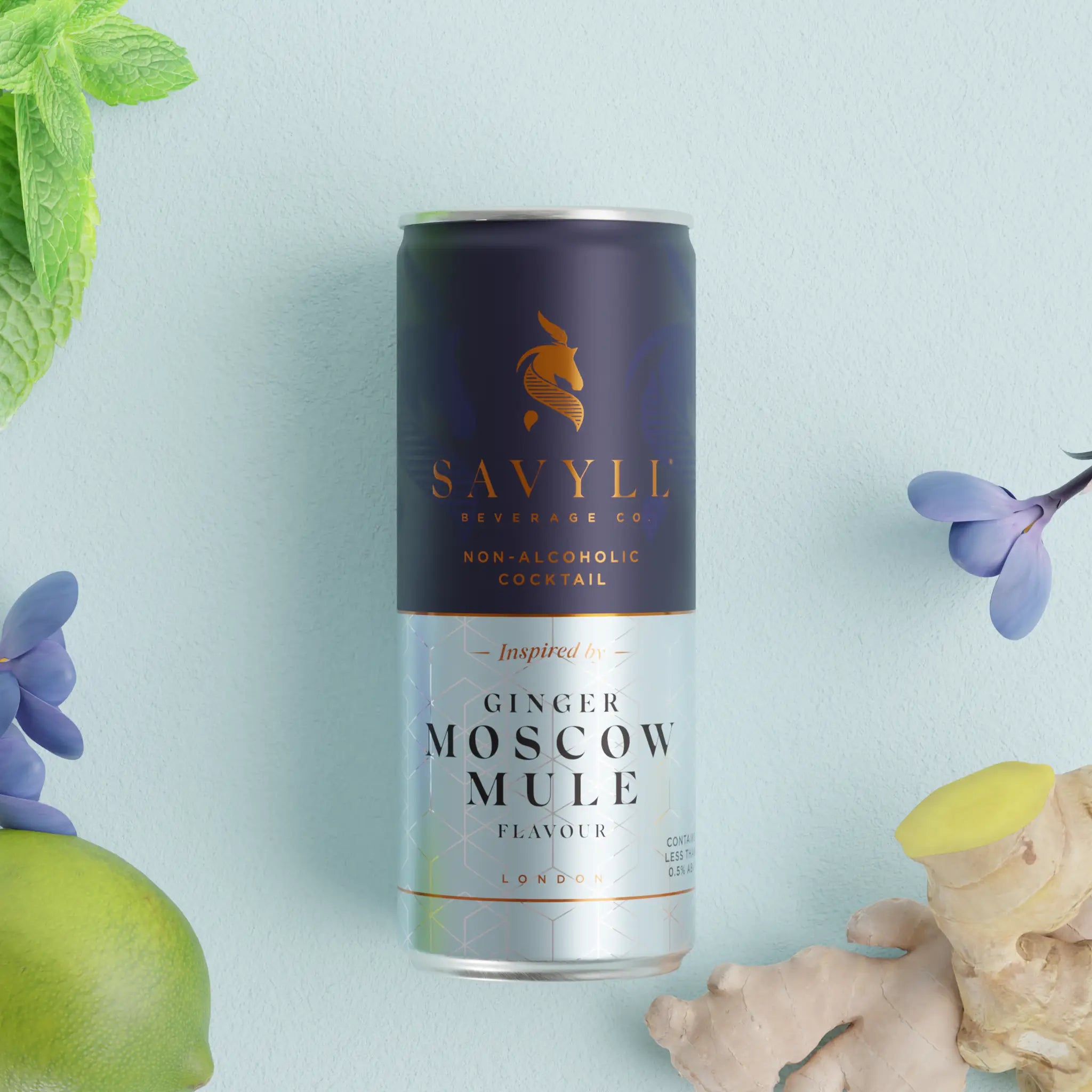 Can of Savyll non-alcoholic ginger Moscow Mule cocktail surrounded by lime, ginger, and flowers.