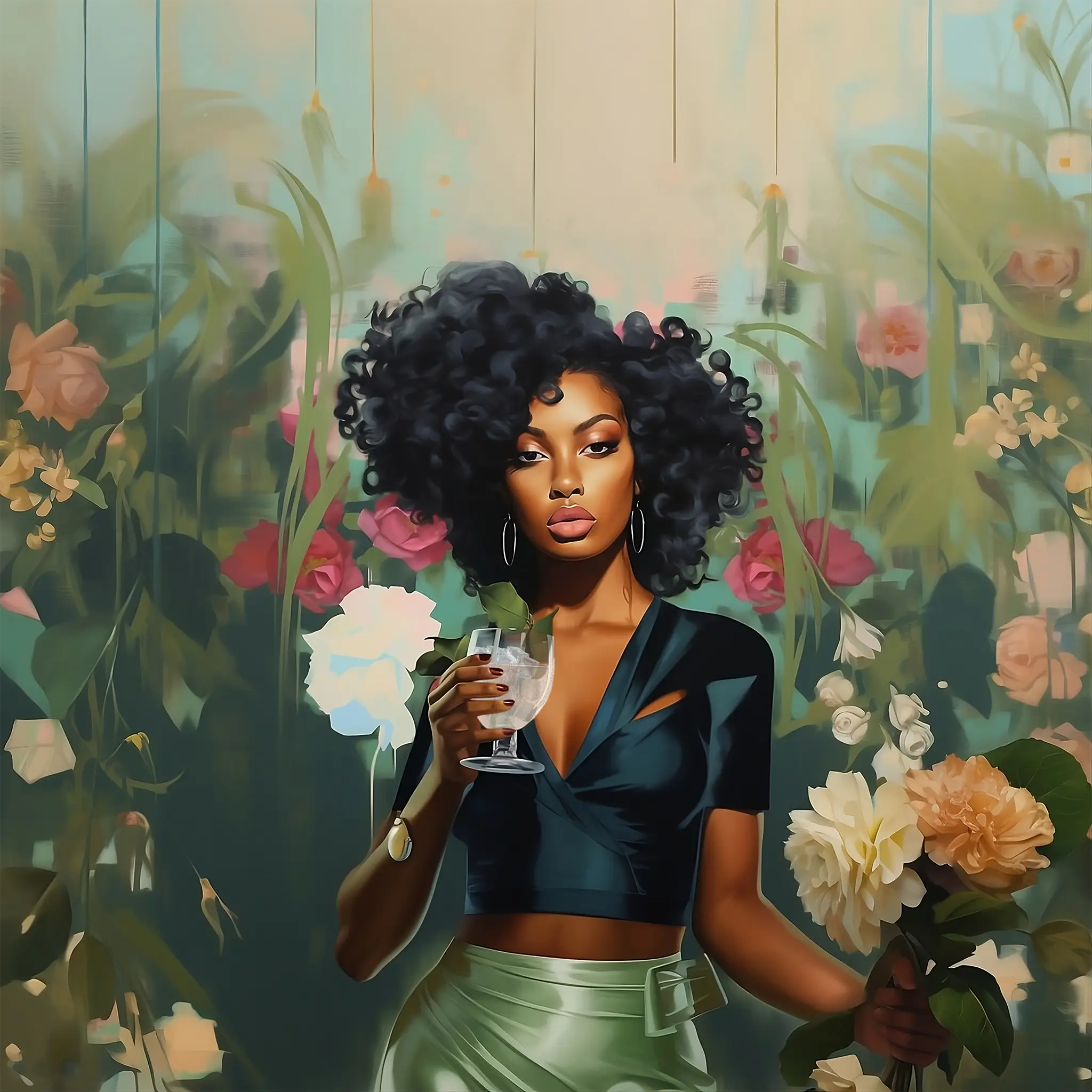 Stylish woman with curly hair holding a glass of mojito and a bouquet of flowers against a floral background.