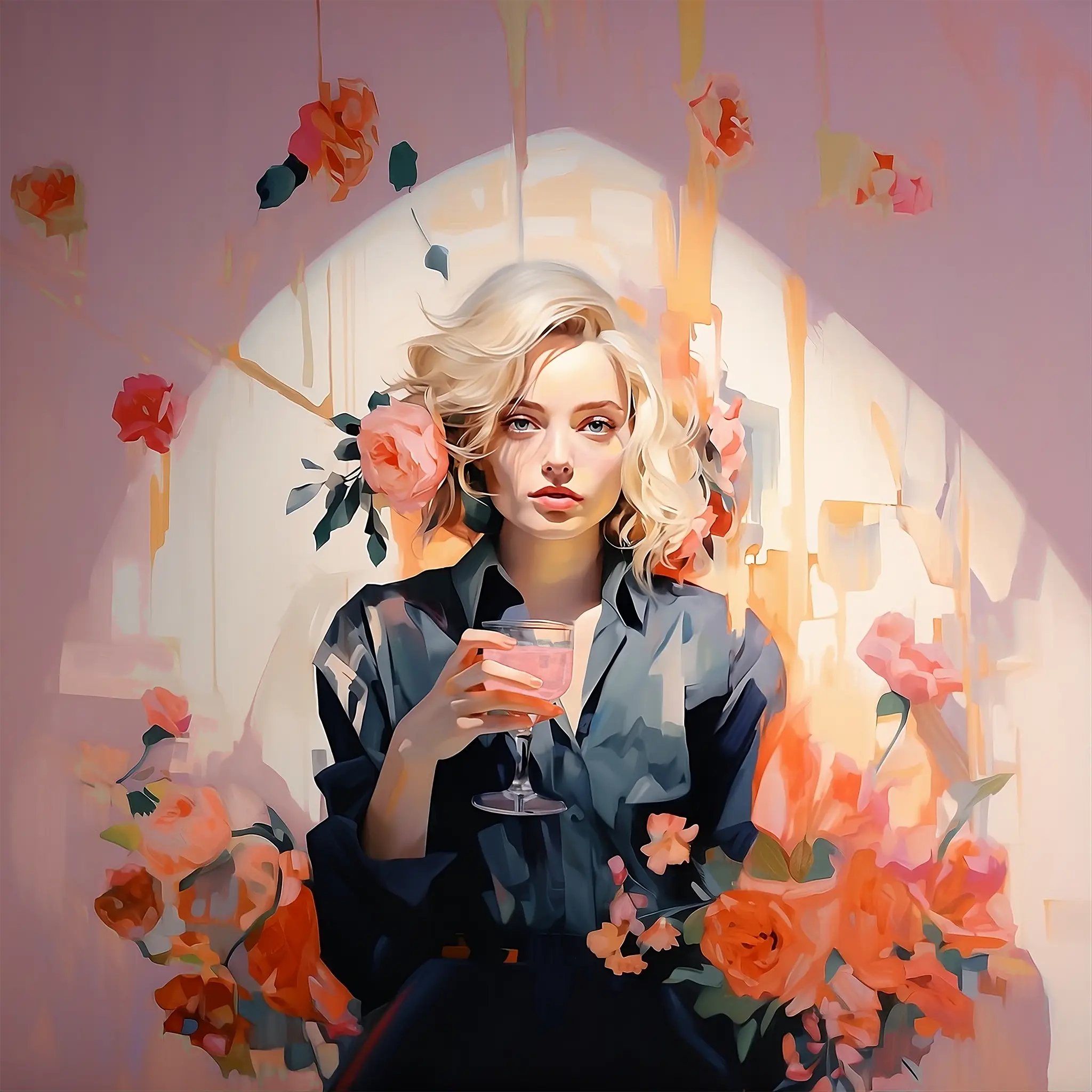 Stylized portrait of a blonde woman holding a pink drink, surrounded by orange and pink flowers on a soft pastel background.